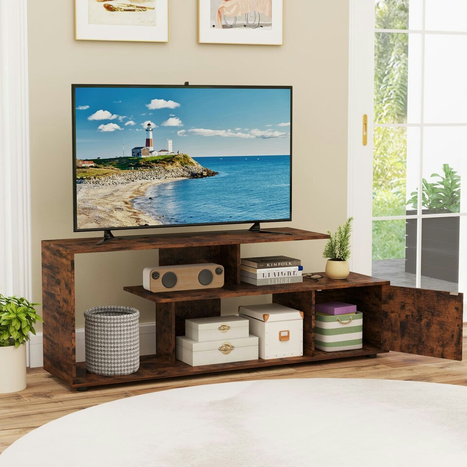 image 1 of COSTWAY TV Stand 55 Inches 3-Tier Entertainment Center Brown Brown