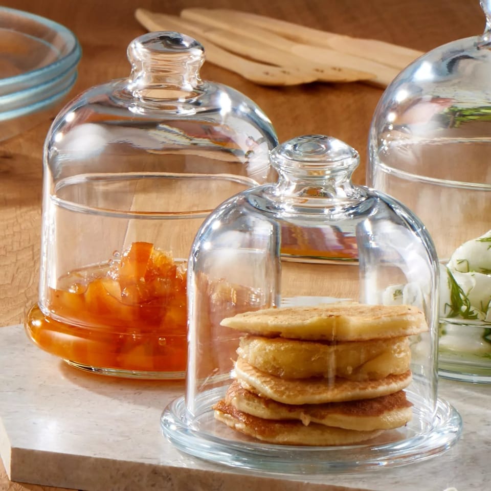 image 1 of Mini Glass Service Bowl Pastry Cookie Candy Dish Jar with Bell Dome Lid | Clear | Clear | 1 dish | 1