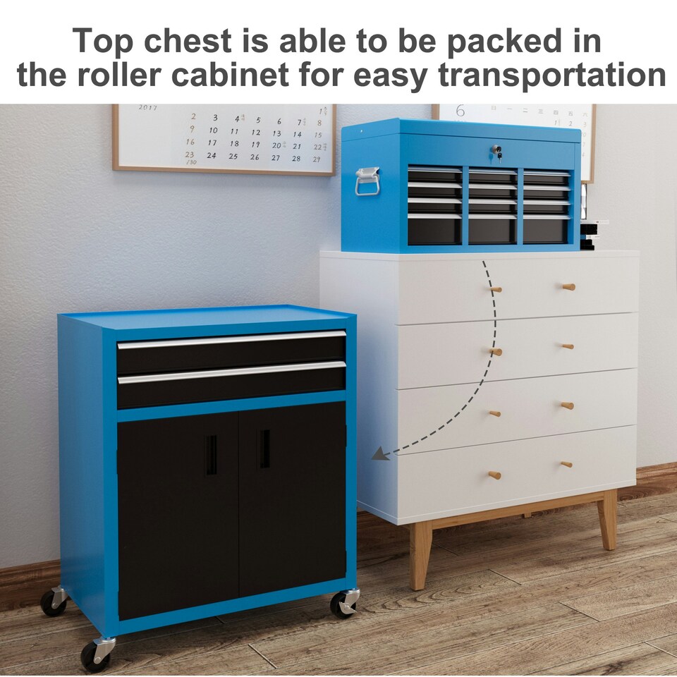 image 1 of HOMCOM Top Chest and Roller Cabinet Combo Metal Tool Cabinet on Wheels Blue Blue | Black
