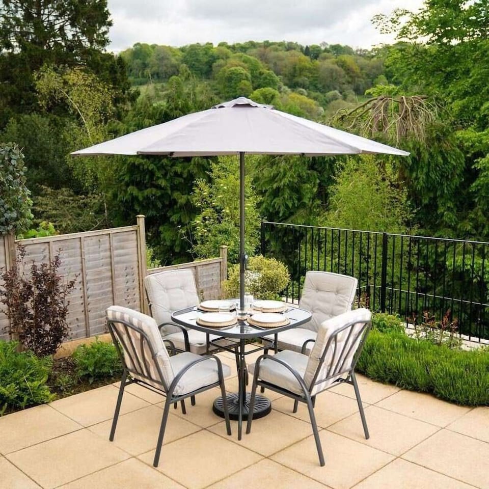 image 1 of 4 Seater Garden Furniture Dining Set with Reversible Cushions and Crank Parasol in Grey