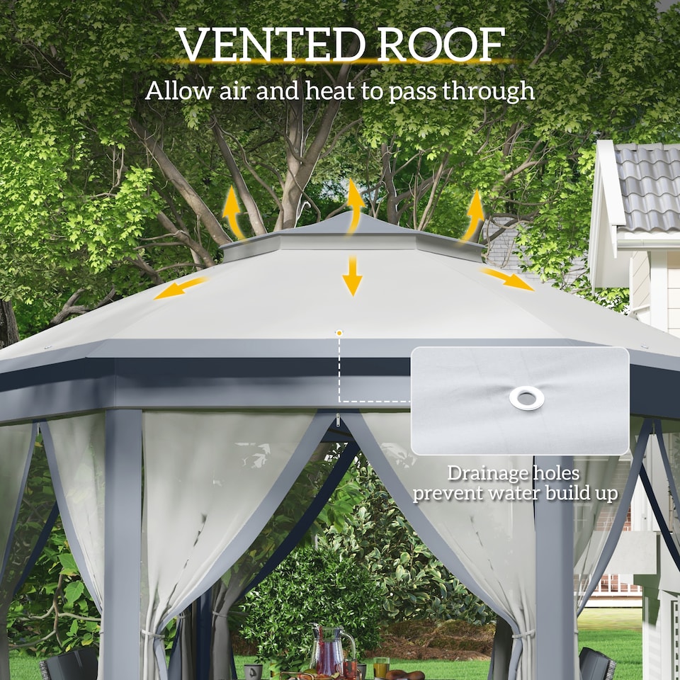 image 1 of Outsunny 3 x 4m Garden Gazebo Hexagon Pop Up Gazebo Party Tent Canopy Double Roof Instant Shelter with Netting and Carry Bag for Outdoor Patio, Grey