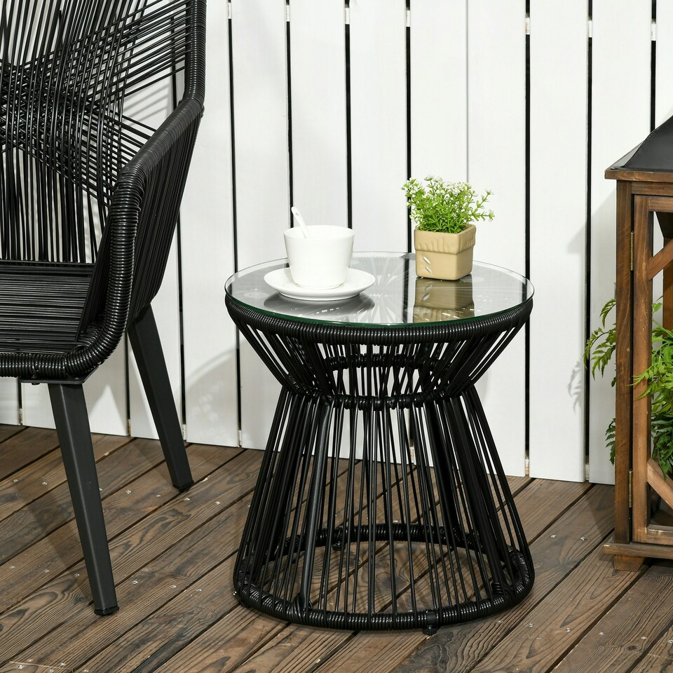 image 1 of Outsunny PE Rattan End Table, Round Hollow Drum Design Side Table, Black