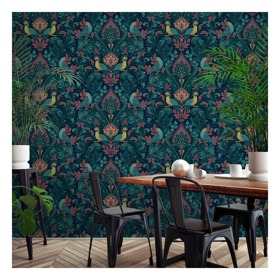 image 1 of Grandeco Peacock Damask Vinyl Textured Wallpaper - Navy/Pink - 10.05m x 0.53m Blue