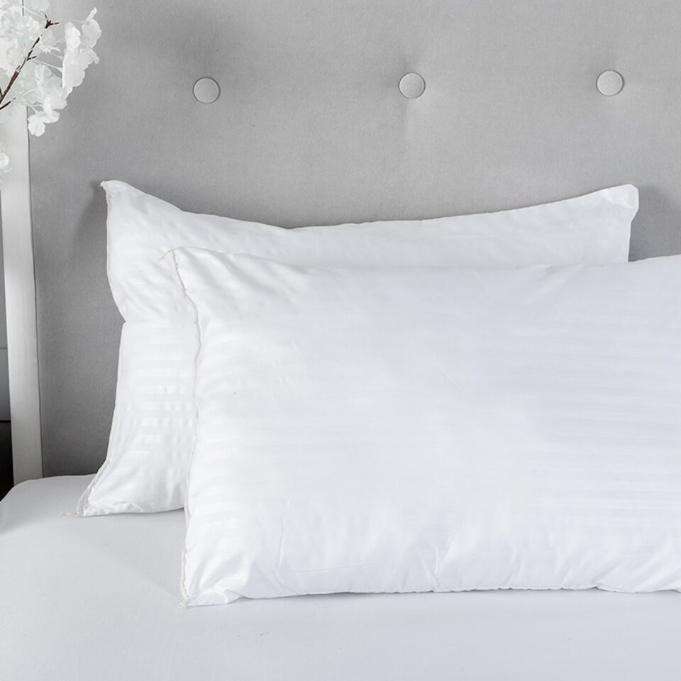 image 1 of Satin Stripe Pillow Pair Soft Microfibre Cover Hollowfibre Filling Non Allergenic White