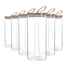 Argon Tableware Glass Storage Jars with Wooden Lids - Leather Loop - 1.5 Litre - Pack of 6