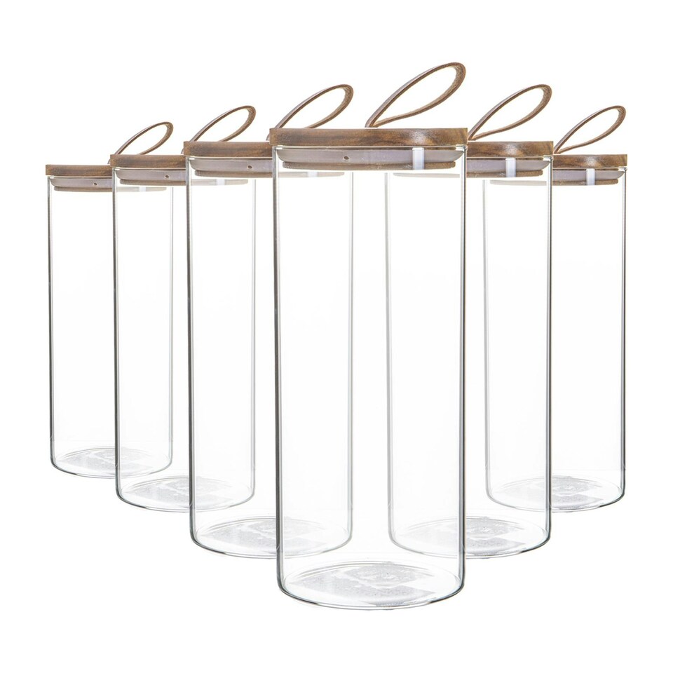 image 1 of Argon Tableware Glass Storage Jars with Wooden Lids - Leather Loop - 1.5 Litre - Pack of 6