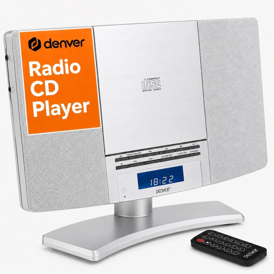 image 1 of Denver MC-5220 CD Player For Home HiFi System - CD Player With Speakers & Radio - Mains Power, Clock Radio, Remote Control, Desktop Stand/Wall Mounted CD Player