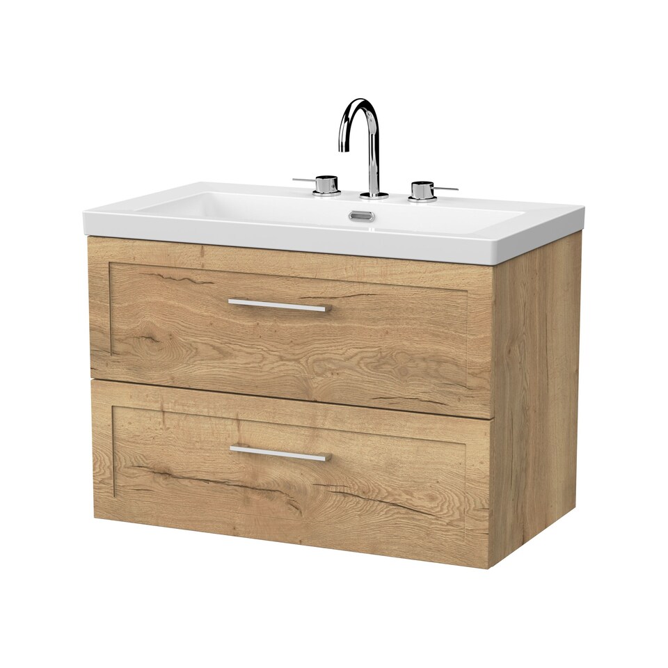 image 1 of Balterley Stonnall Traditional Wall Hung 2 Drawers Vanity Unit with 3 Tap Hole Fireclay Basin, 800mm, Autumn Oak