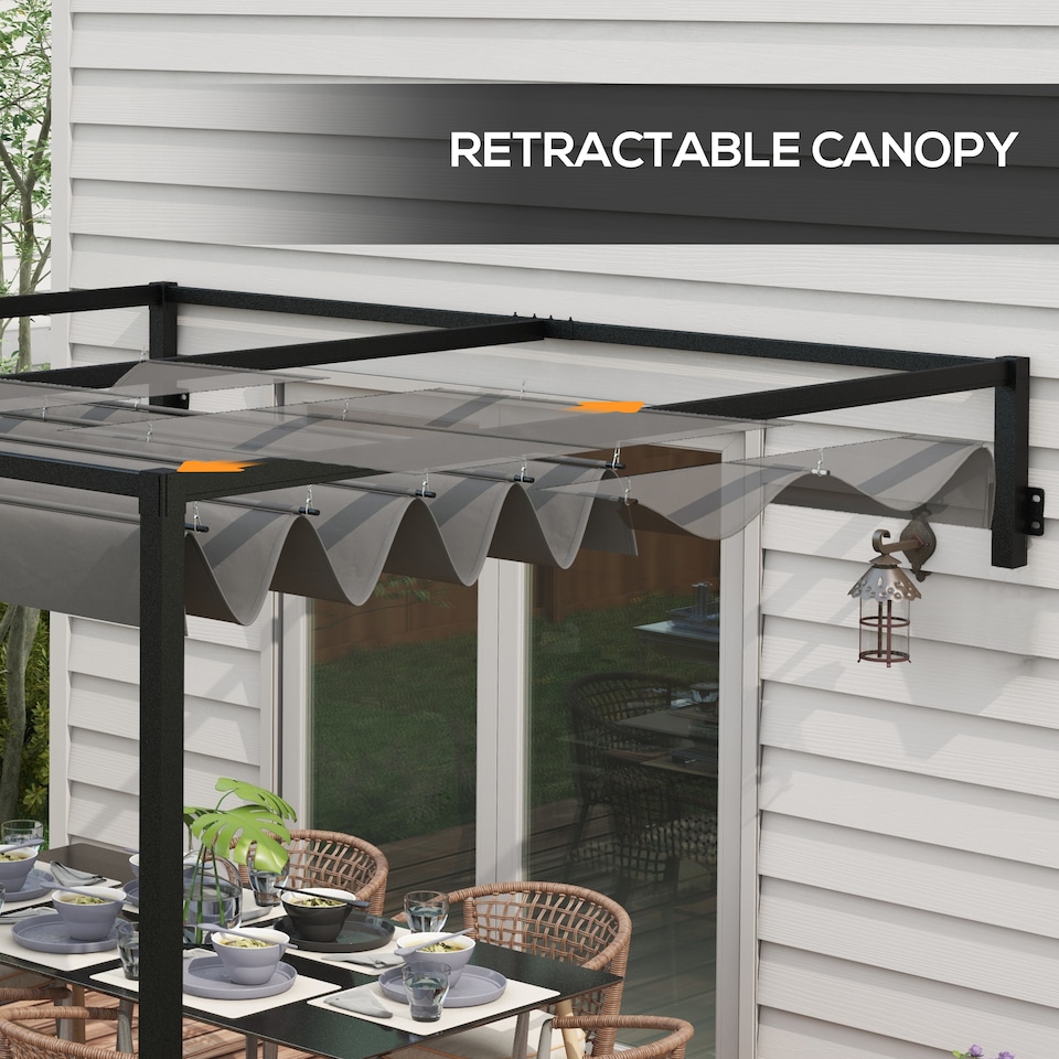 image 1 of Outsunny 2 x 3m Lean To Pergola with Retractable Roof, Wall Mounted Garden Gazebo Outdoor Sun Shade Shelter for Patio, Deck, Dark Grey