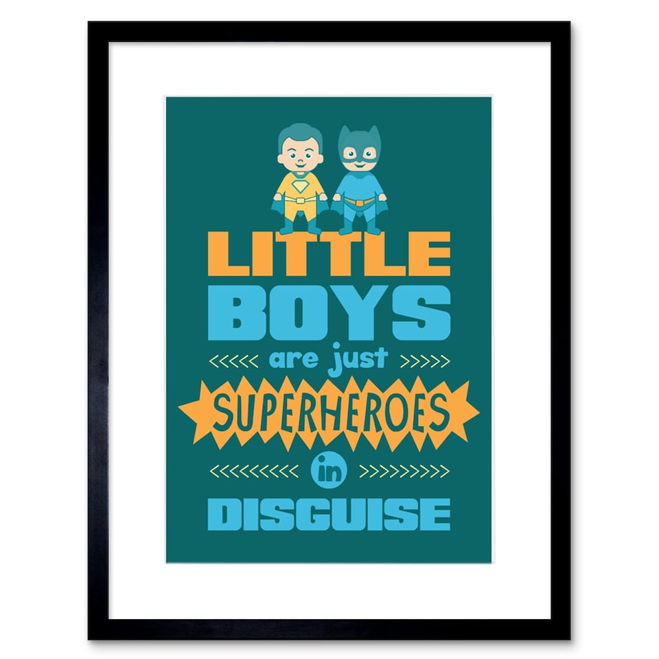image 1 of Kids Boys Superheroes Disguise In Blue 9x7" Black Framed Wall Art Print