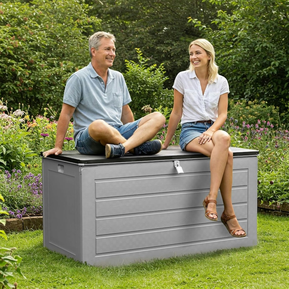 image 1 of Olsen & Smith Large 680L Weatherproof Outdoor Sit On Wood Effect Plastic Garden Bench Storage Box Chest Container Furniture Brown Brown | Brown