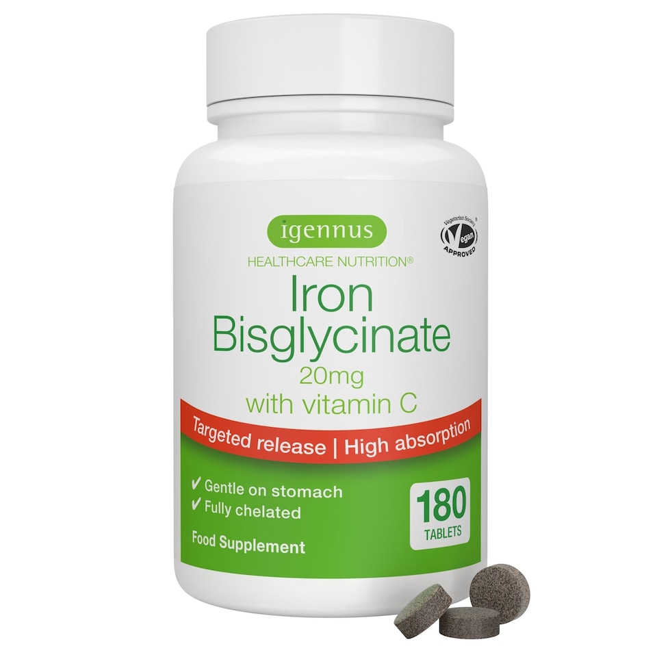 image 1 of Igennus Iron Bisglycinate 20mg with Vitamin C, High Absorption & Gentle Iron, Targeted Release, One-a-day, Vegan, 180 Tablets