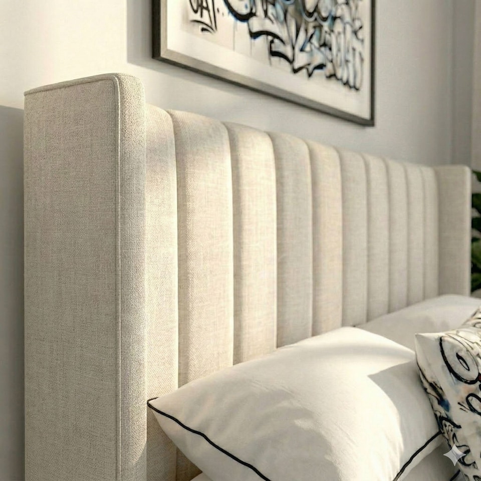 image 1 of Daresbury Winged Headboard Fabric Upholstered Ottoman Storage Bed Frame | Cream | Natural | Double