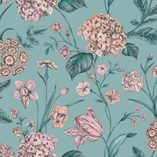 Rasch Amelie Hydrangea Wallpaper - Teal/Pink - 10.05m x 0.53m