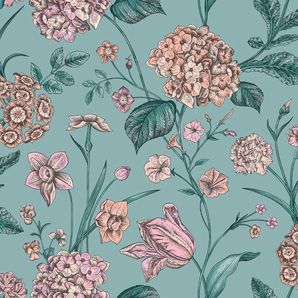image 1 of Rasch Amelie Hydrangea Wallpaper - Teal/Pink - 10.05m x 0.53m