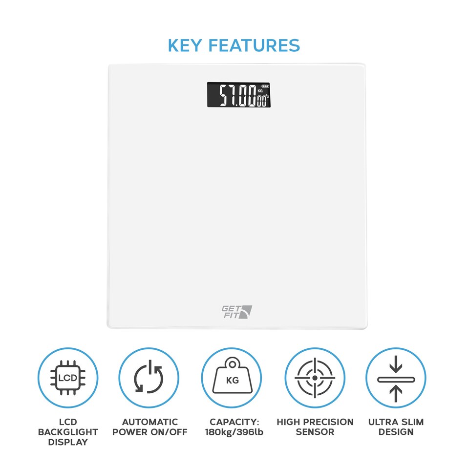 image 1 of Get Fit Bathroom Scales - Monitor Weight Loss - Digital Weighing Scale with High Precision Strain Gauge Sensor, LCD Display & Automatic On/Off - White