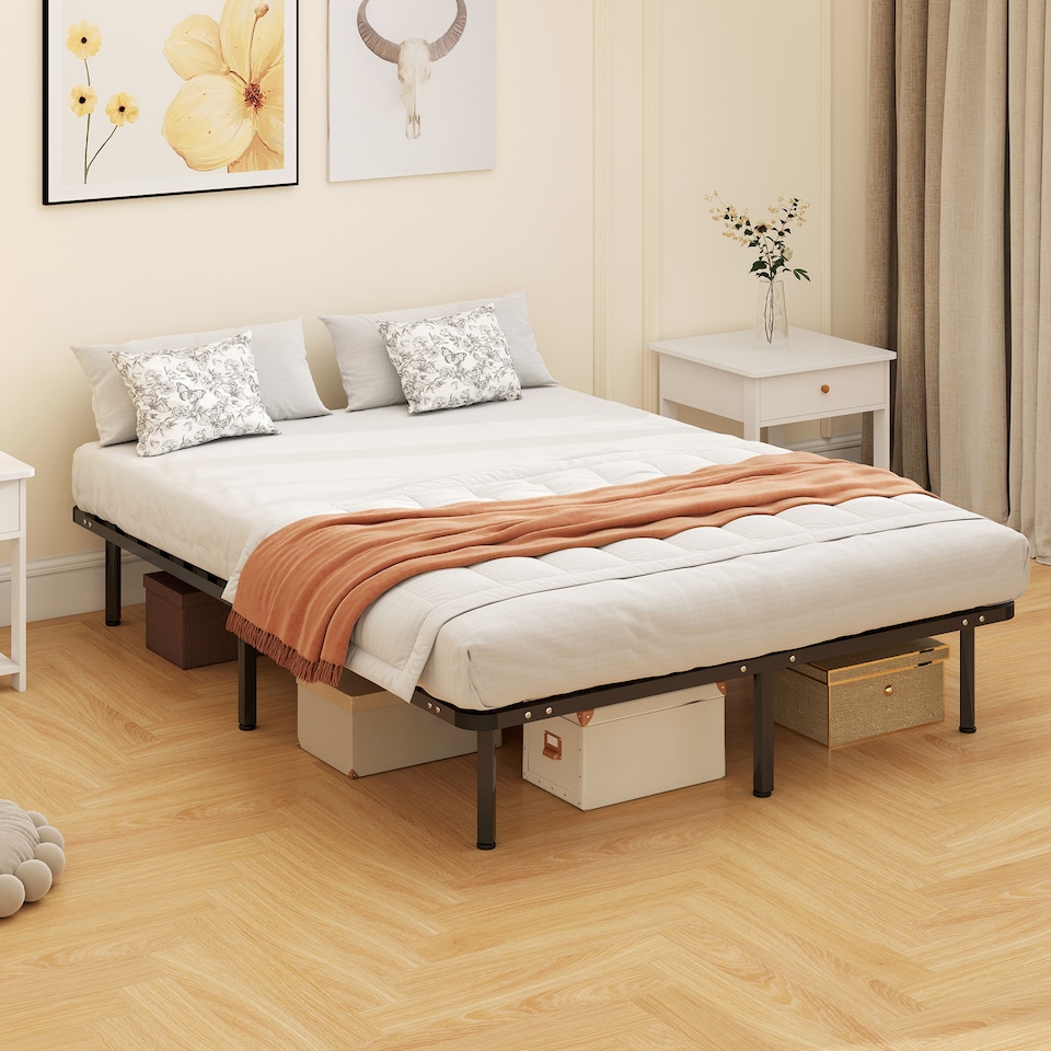 image 1 of HOMCOM 4ft6 Double Bed Frame, Metal Platform Bed Frame with 28 Wood Slats