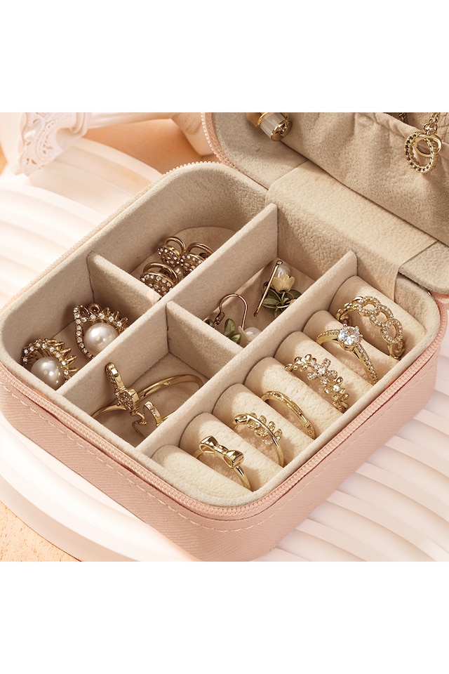 image 1 of Living and Home Portable Jewelry Organizer Box with Multiple Compartments-Pink | Pink