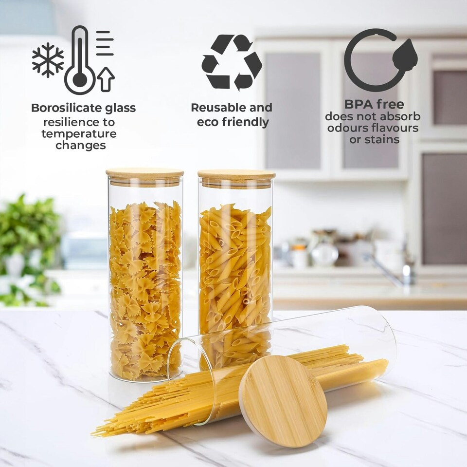 image 1 of Set of 3 2200ml Clear Cylinder Spaghetti Glass Storage Jars