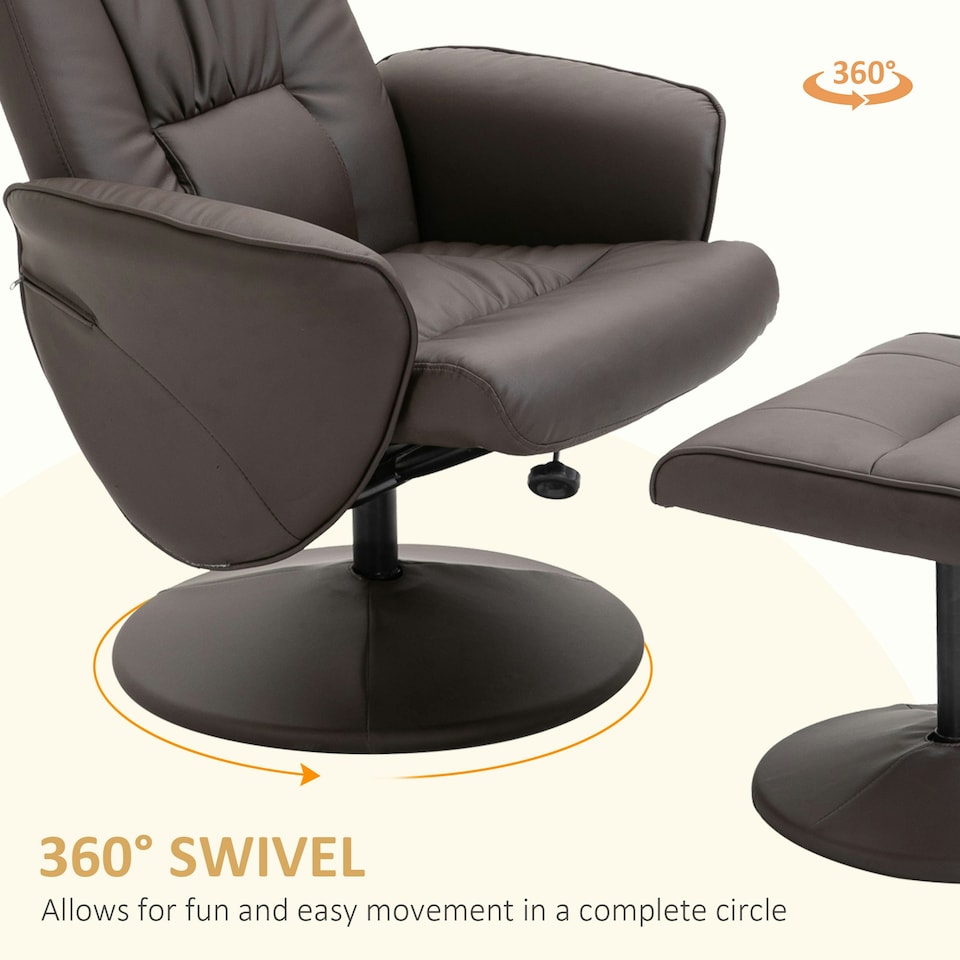 image 1 of HOMCOM PU Leather 2 Pcs Reclining Armchair w/ Ottoman 360° Swivel Brown