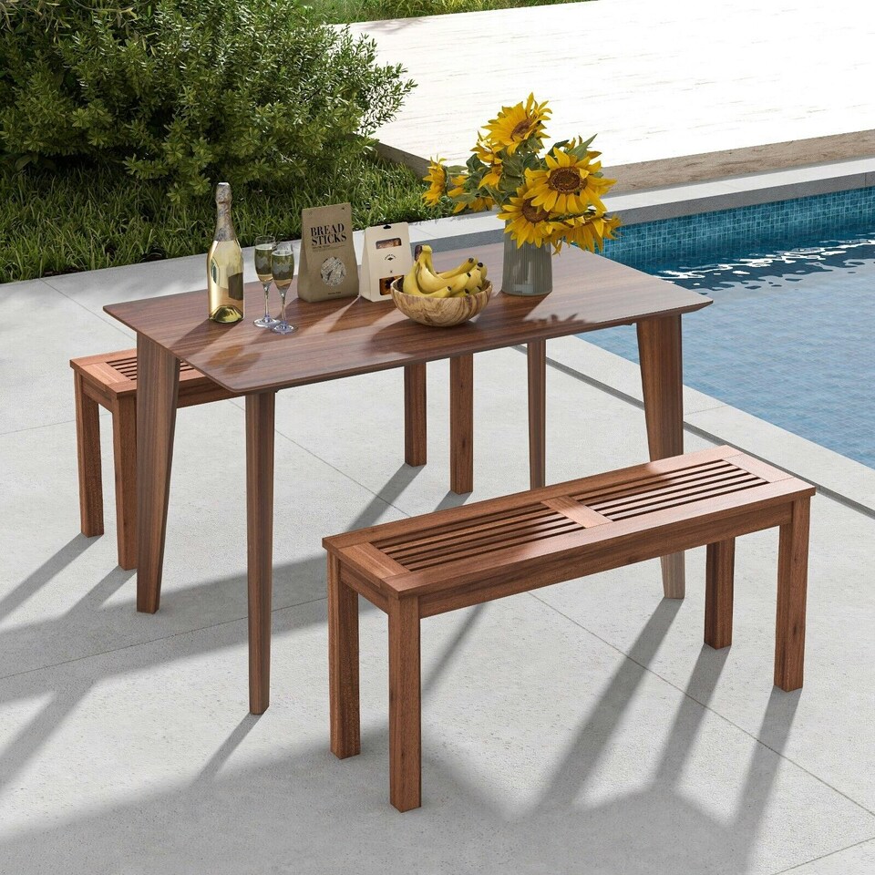 image 1 of COSTWAY Patio Wood Bench 2-Person Solid Wood Dining Bench Brown