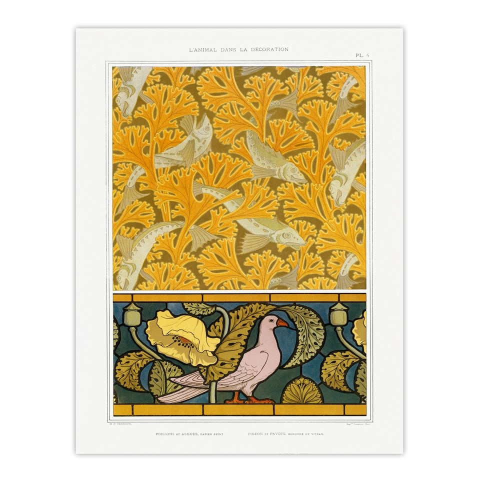 image 1 of Maurice Pillard Verneuil Framed Wall Art Poppy Pigeon and Coral Fish Patterns