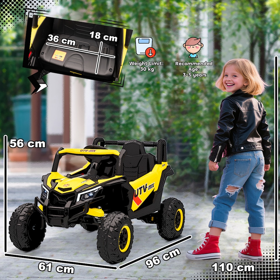 image 1 of AIYAPLAY 12V Kids Ride On Car, Electric Car for Kids UTV with Remote Control, Slow Start, Suspension System, LED Lights, Music, USB Port, for Boys Girls 3-5 Years | Yellow