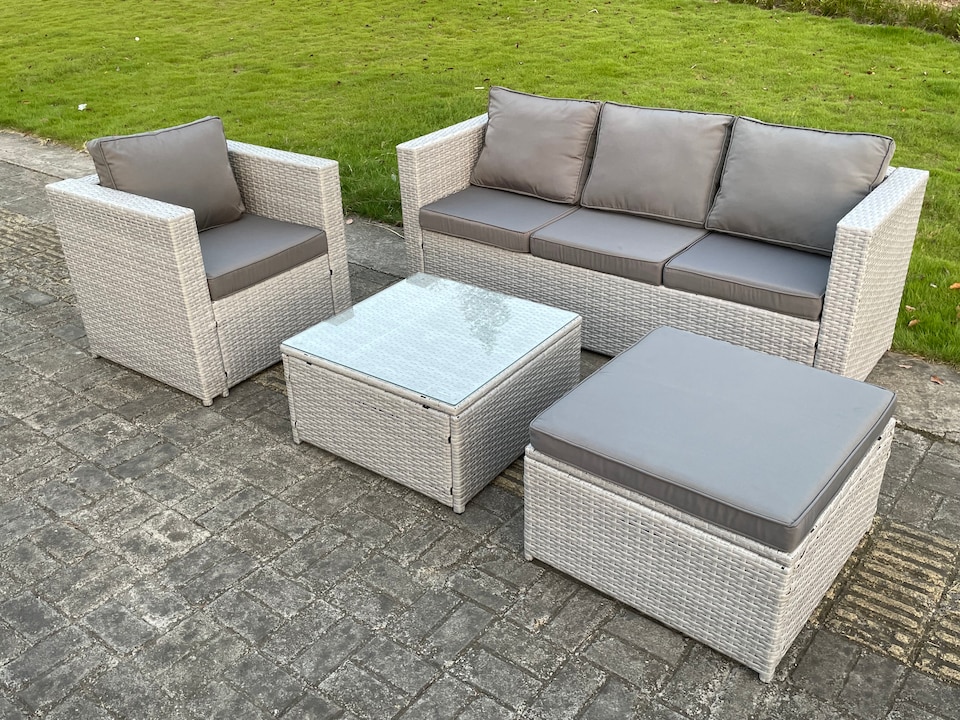 image 1 of Fimous 5 Seat Light Grey Lounge Outdoor PE Rattan Garden Furniture Set Wicker Sofa Set Square Coffee Table With Armchair
