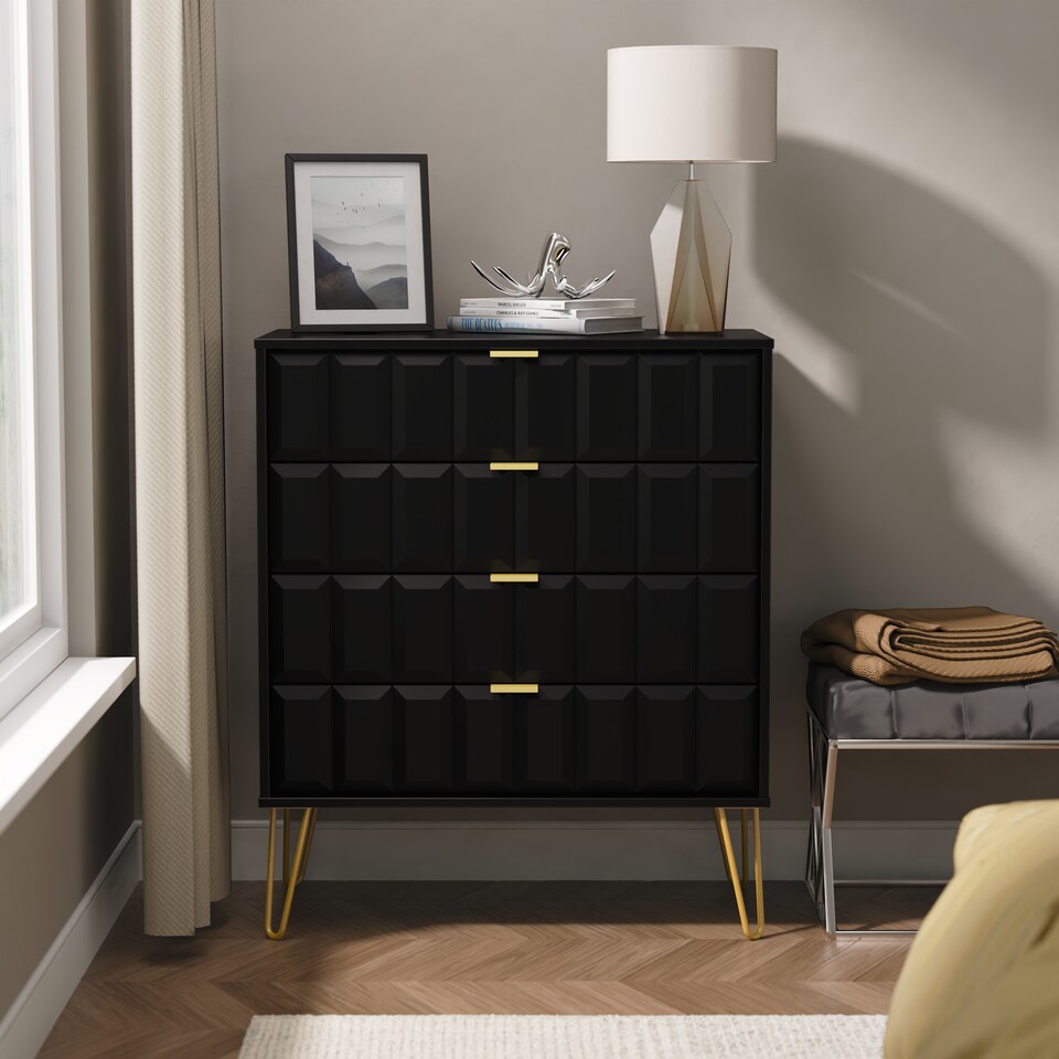 image 1 of Metro 4 Drawer Chest of Drawers in Deep Black & Black Matt (Ready Assembled) | Black | Deep Black & Black Matt