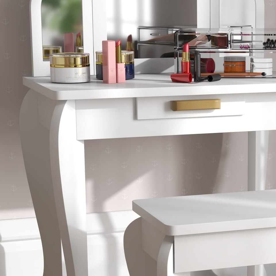 image 1 of HOMCOM Kids Dressing Table and Stool Kids Vanity Set Makeup Desk w/ Mirror, Drawer, for Ages 3-6 Years, White | White