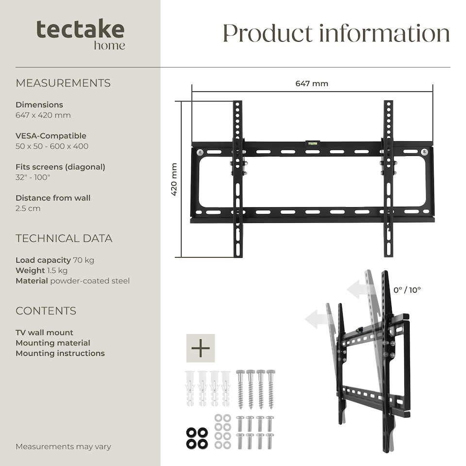 image 1 of Television Bracket - 32-100 inch screens, tiltable, width-adjustable TV wall mount
