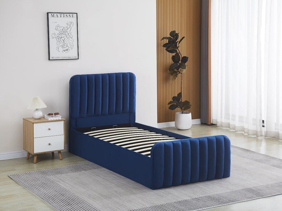 image 1 of Ottoman Gas Lift Storage Bed 3ft Single and 1 Mattress Blue Velvet Bedroom