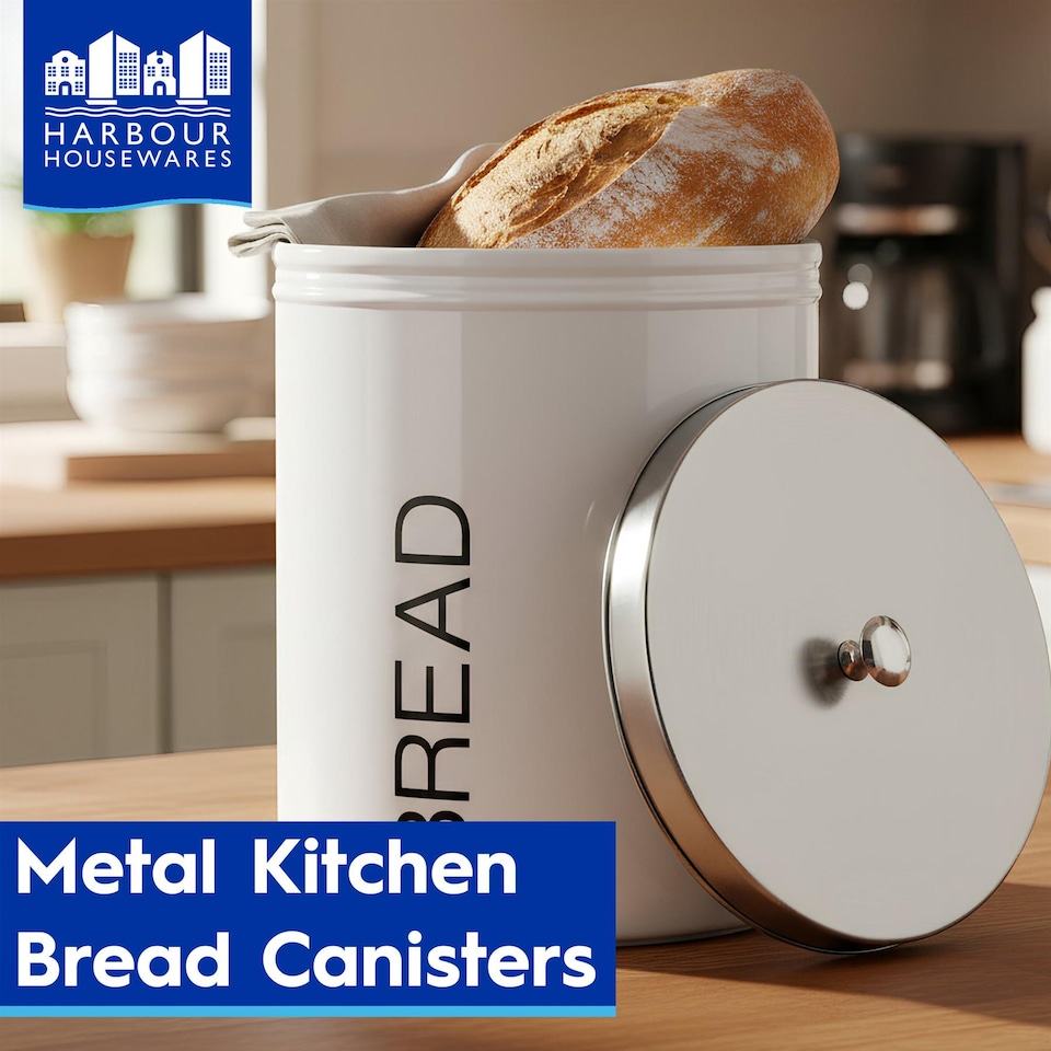 image 1 of Harbour Housewares Metal Bread Bin - Round Retro Bread Tin Canister Storage Jar Kitchen Caddy Food Storage Box Container | White | White