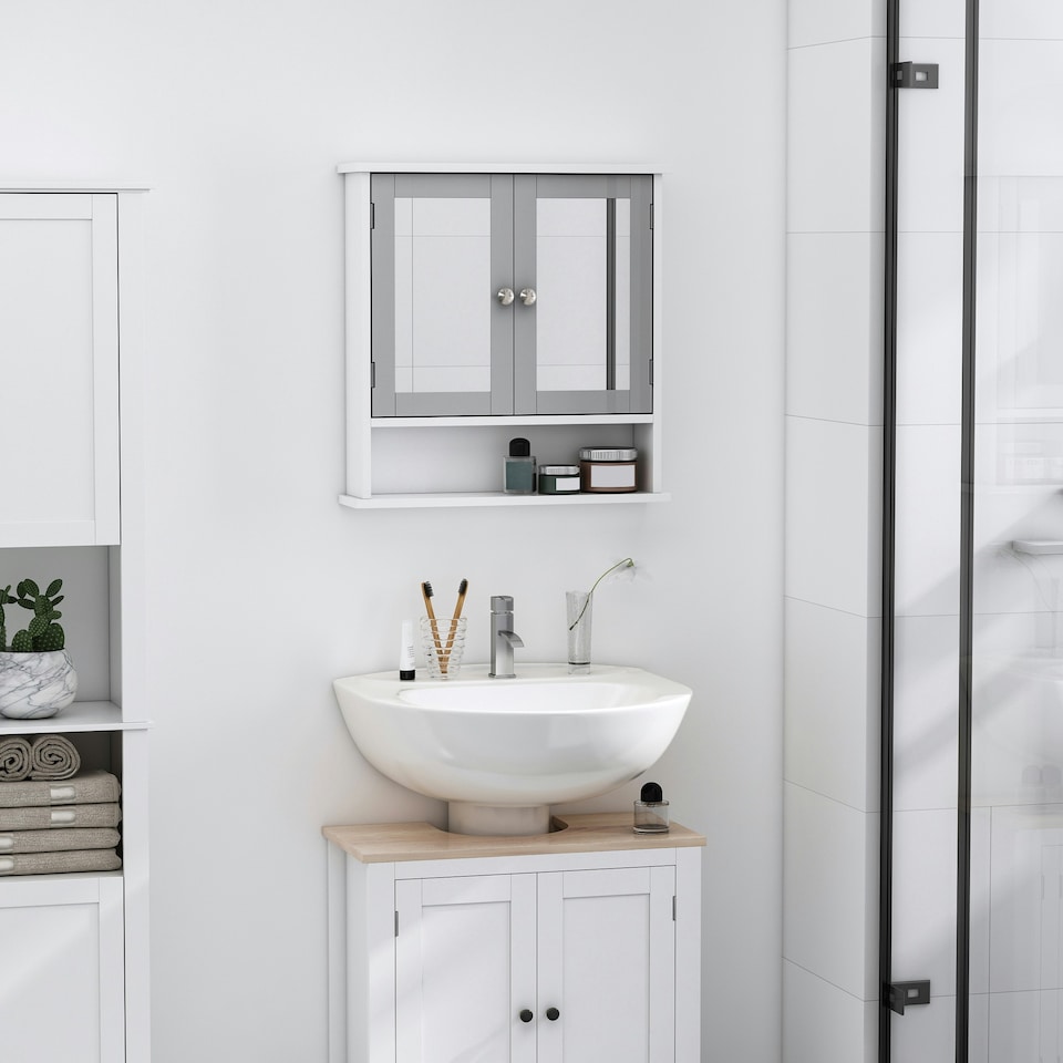 image 1 of kleankin Wall Mounted Mirror Cabinet W/ Double Mirror Doors & Adjustable Shelf