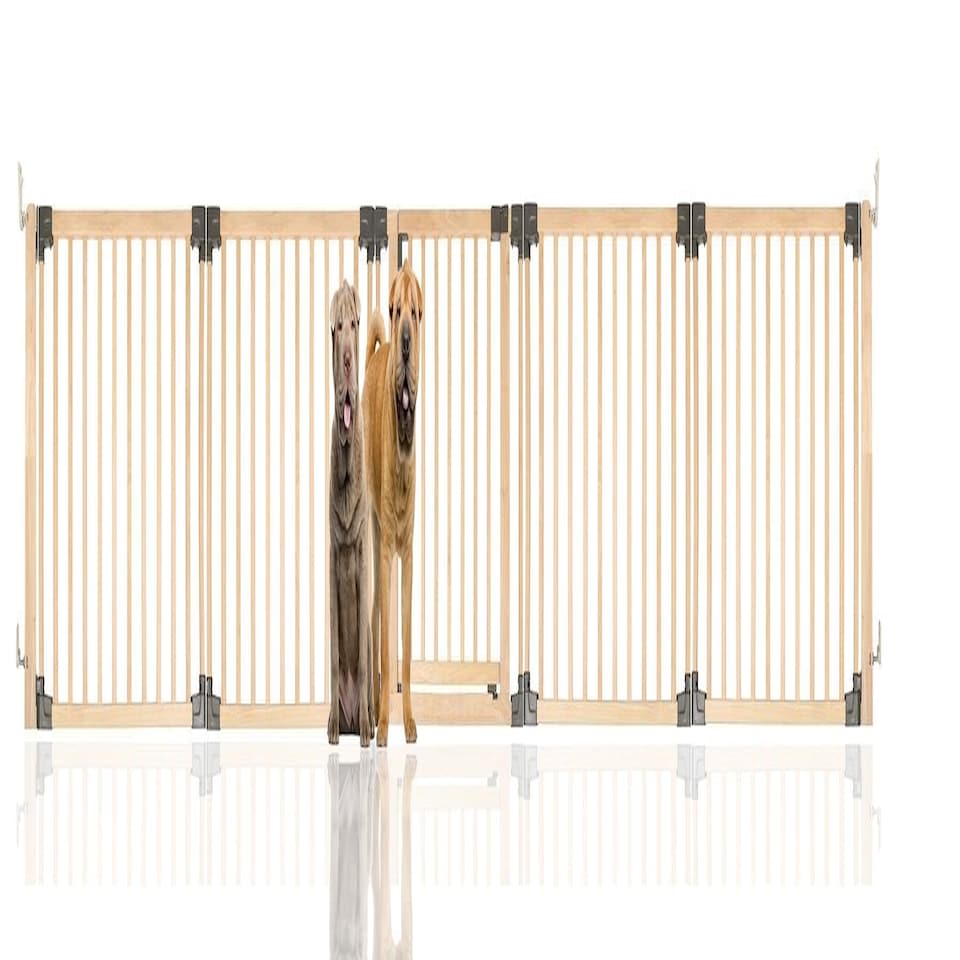 image 1 of Bettacare Wooden Multi Panel Flexible Pet Barrier, Natural Wood, up to 416cm Wide, Dog Barrier for Pets Dogs and Puppy Cream | Natural