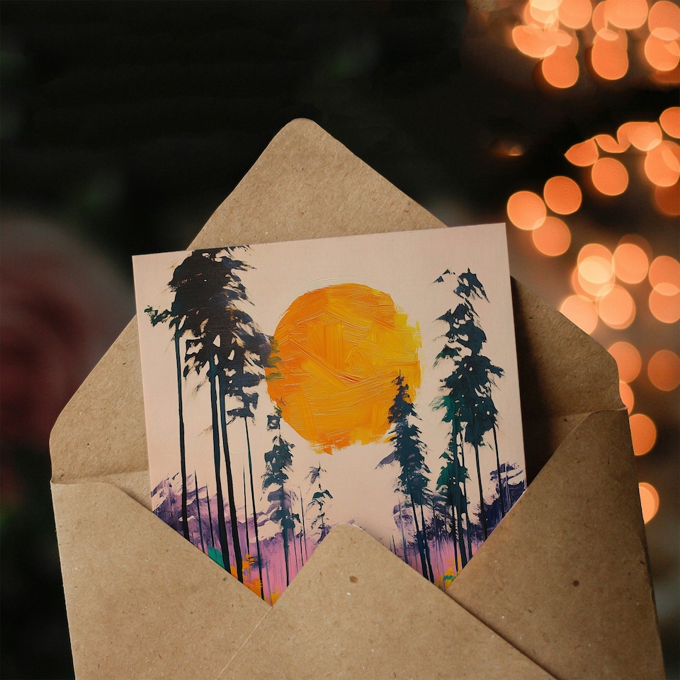 image 1 of Sunrise Joy Abstract Forest Landscape Painting Birthday Greeting Card