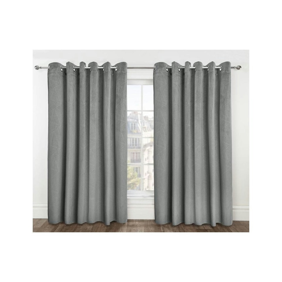 image 1 of Deco Lined Eyelet Geometric Curtains 168cm x 137cm Silver