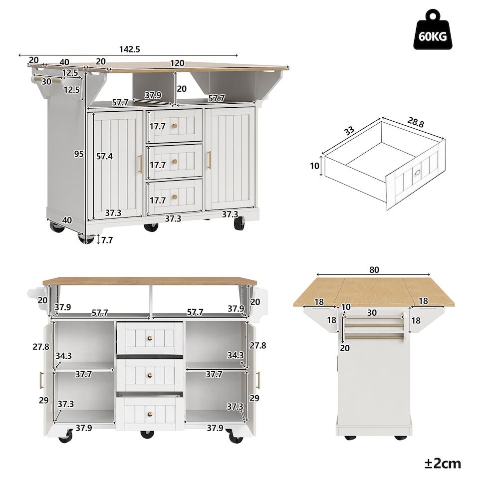 image 1 of VILUXE Kitchen island, cabinet, sideboard 120 x 40 (80) x 95 cm, extendable kitchen trolley with casters, extendable on both sides, with towel rail and spice rack, two doors, three drawers, black/white