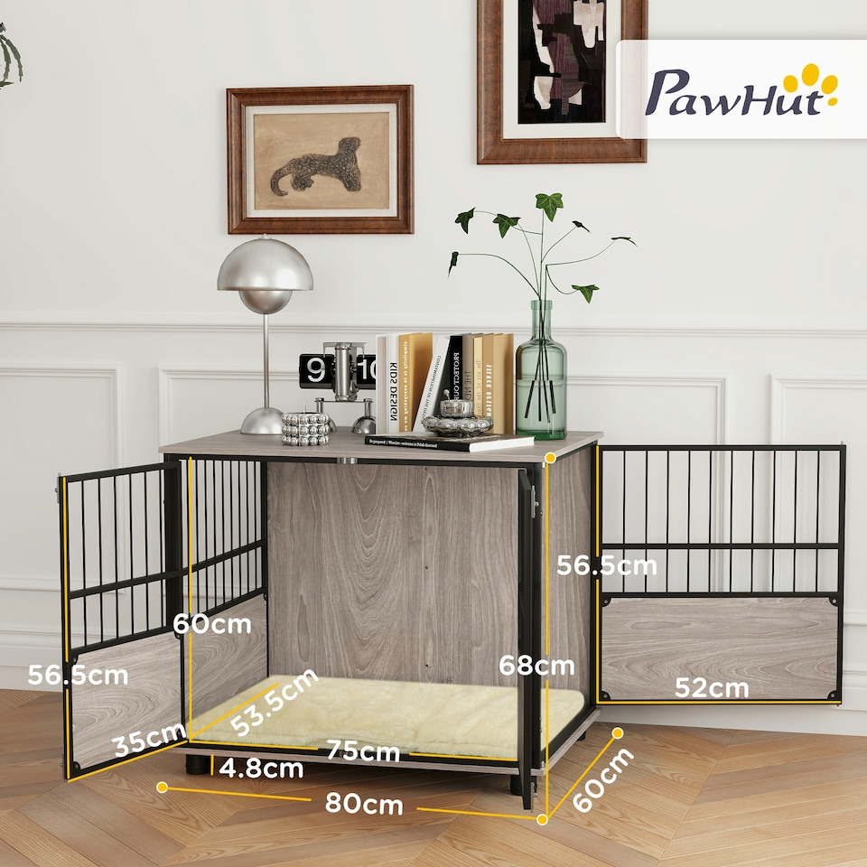 image 1 of PawHut 80cm Dog Crate Furniture Dog Cage End Table Indoor w/ Doors, Cushion