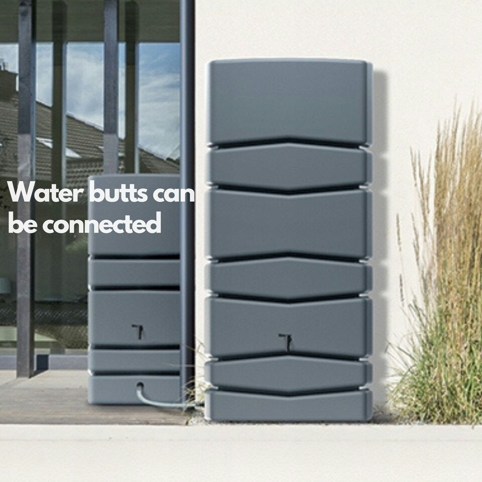 image 1 of Water Butt Kit with Tap, Diverter & Bio Cleaner –  Rainwater Collector for Garden, Balcony & Terrace – Durable Plastic Water Storage Tank | Grey | 350L