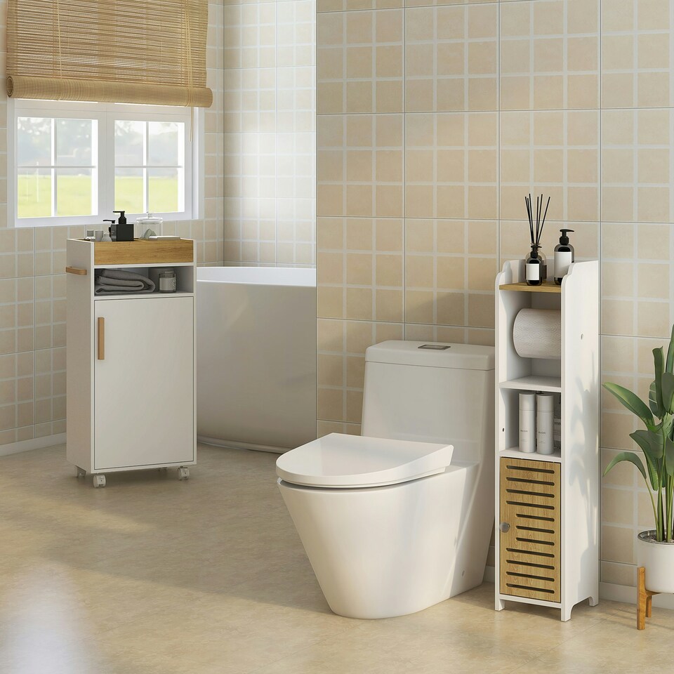 image 1 of kleankin Bathroom Storage Cabinet with Cushioned Door and Wheels, White