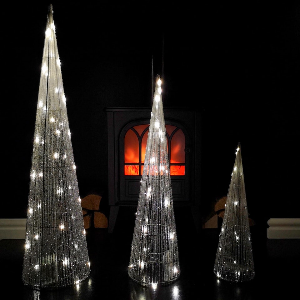 image 1 of LED Tree Cone Obelisk Trio with 90 LEDs in Silver