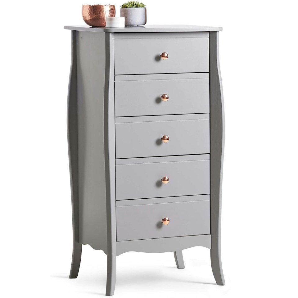 image 1 of BTFY Grey Tall Chest of 5 Drawers with Baroque Design