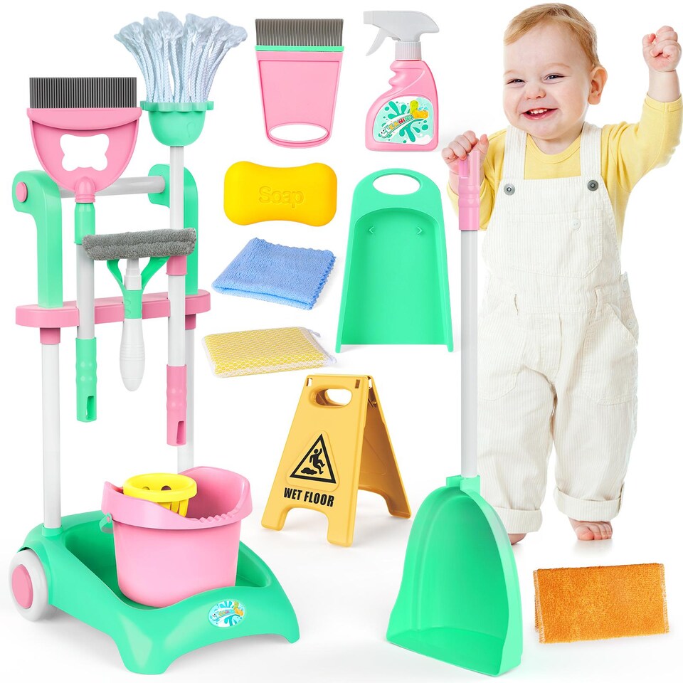 image 1 of Kids Cleaning Trolley Set - Housekeeping Pretend Play Set with Broom, Mop, Brush & Dustpan - Fun Cleaning Toys for Boys & Girls Aged 3-6, Perfect Gift for Toddlers
