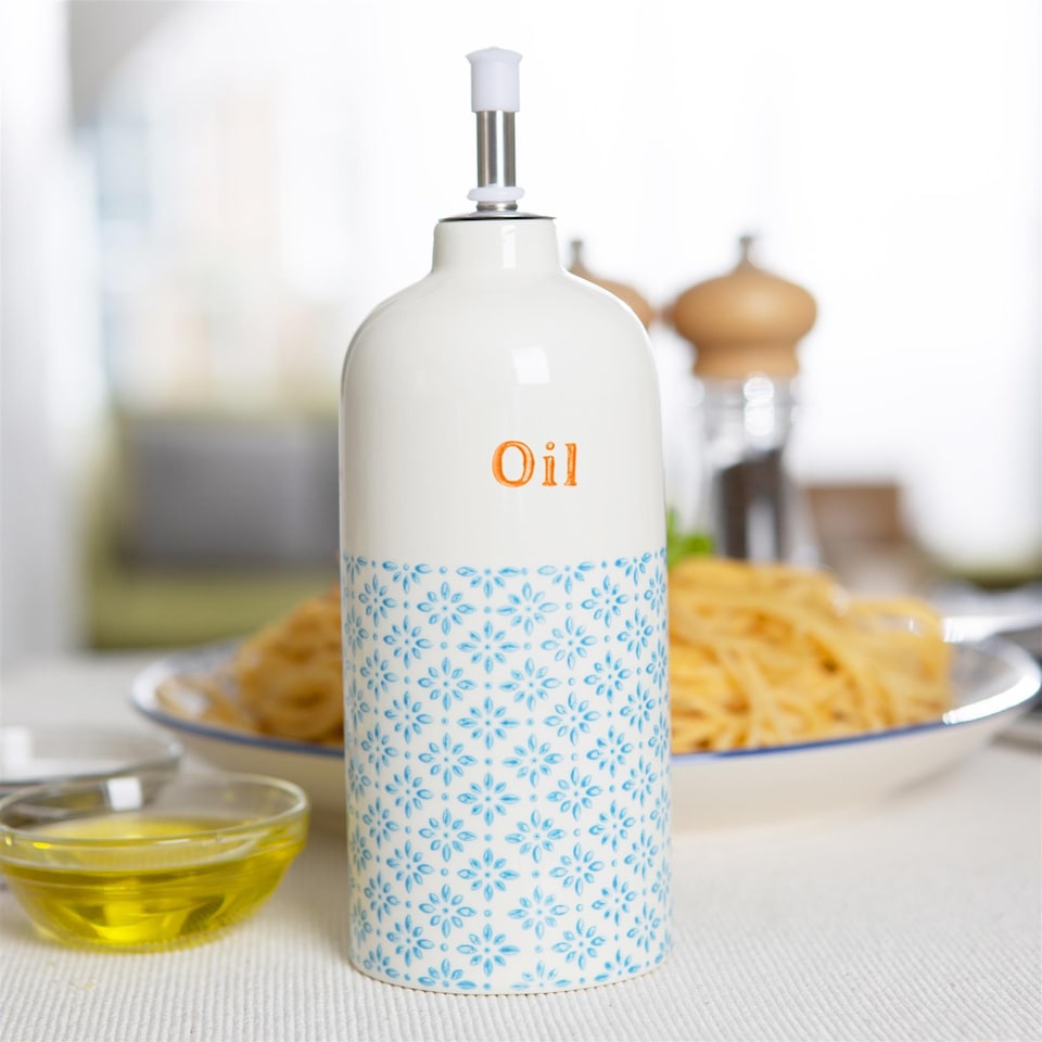 image 1 of Nicola Spring Hand-Printed Olive Oil Pourer Bottle - 500ml - Blue