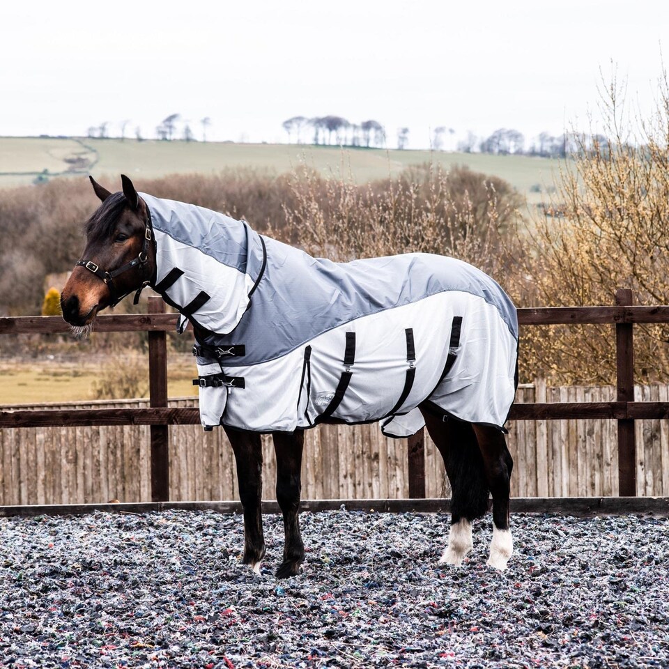 image 1 of eQuitack 600D 2 in 1 Waterproof Fly Turnout Mesh Horse Rug Fixed Neck Grey/Silver 6'6''