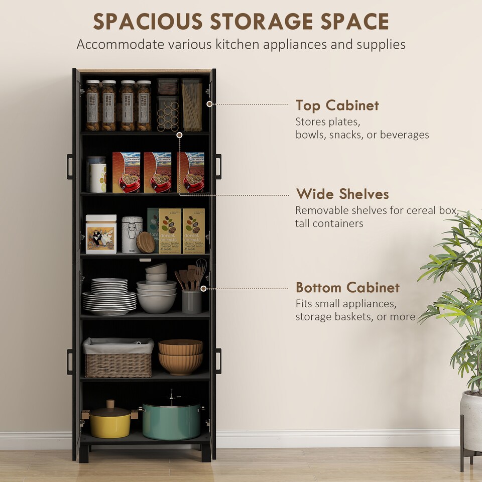 image 1 of HOMCOM Modern Kitchen Cupboard Storage Cabinet with 6 Shelves, Black