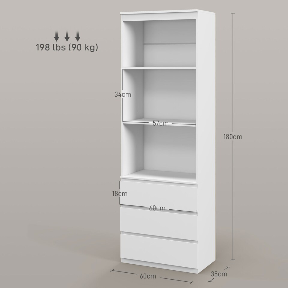 image 1 of HOMCOM 180cm Tall Bookcase with Storage, Free Standing Bookshelf with 3 Shelves and 3 Drawers, Display Cabinet for Living Room, Home Office, Bedroom, White