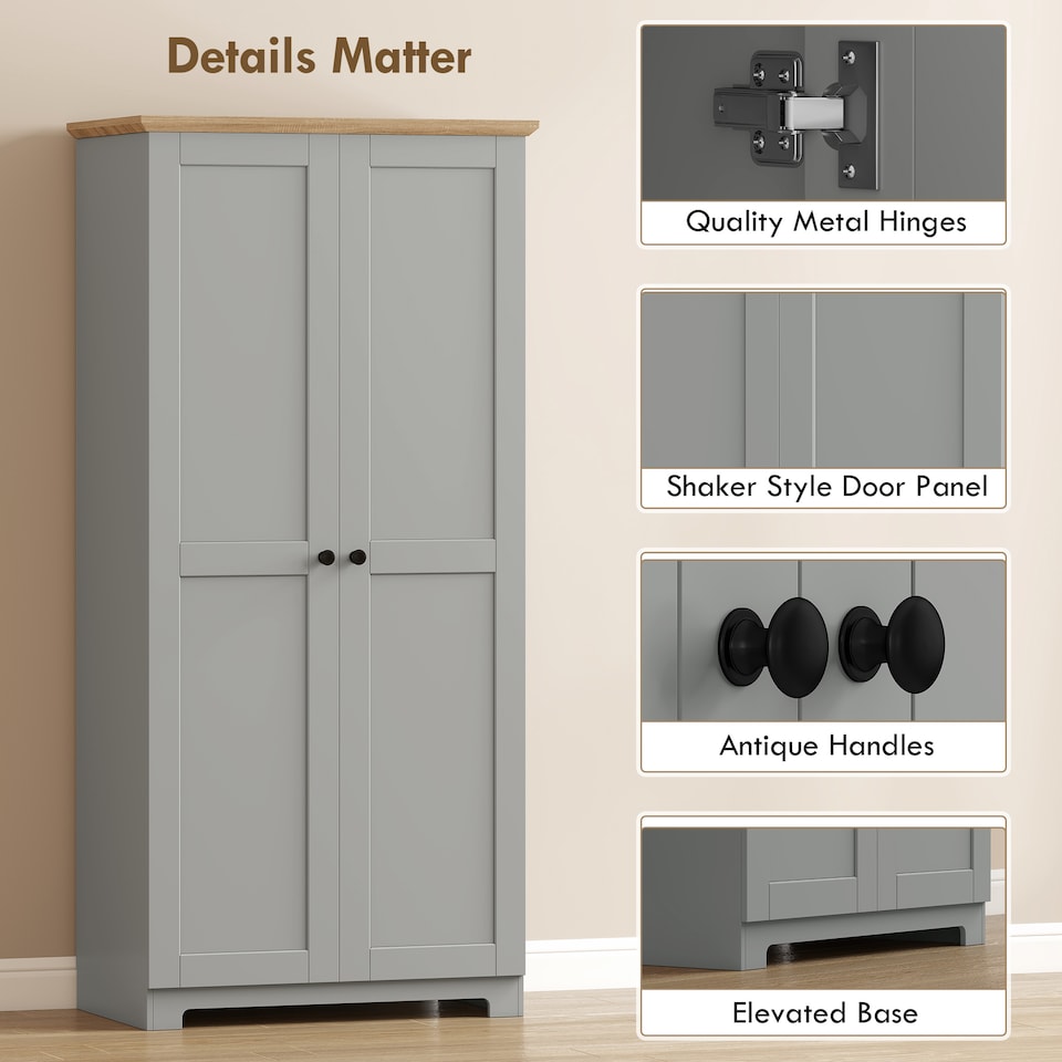 image 1 of HOMCOM 172cm Wooden Storage Cabinet Cupboard With 4 Shelves | Grey | Grey | 80 x 48 x 172 cm