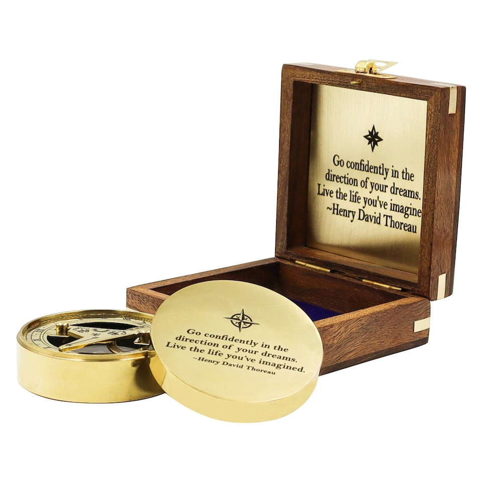image 1 of Engraved Sundial Compass Gift – “Go Confidently” Inspirational Quote Gold